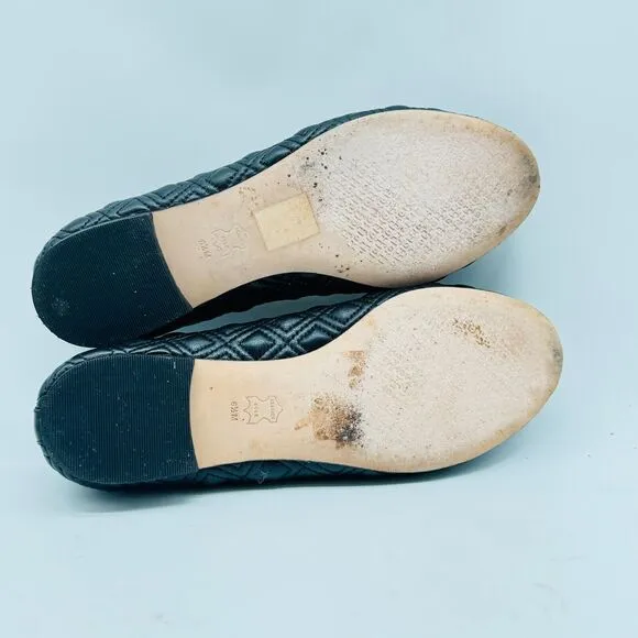 Tory Burch Shoes 6.5 Black Leather Ballet Flats Marion Quilted Bow Slip On Logo