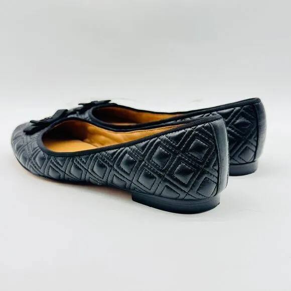 Tory Burch Shoes 6.5 Black Leather Ballet Flats Marion Quilted Bow Slip On Logo