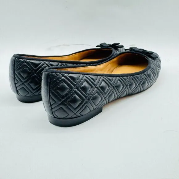 Tory Burch Shoes 6.5 Black Leather Ballet Flats Marion Quilted Bow Slip On Logo