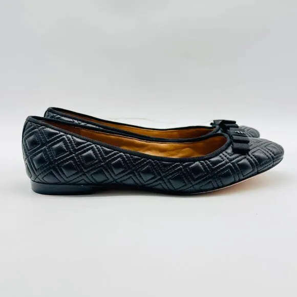 Tory Burch Shoes 6.5 Black Leather Ballet Flats Marion Quilted Bow Slip On Logo