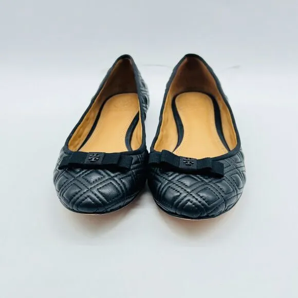 Tory Burch Shoes 6.5 Black Leather Ballet Flats Marion Quilted Bow Slip On Logo