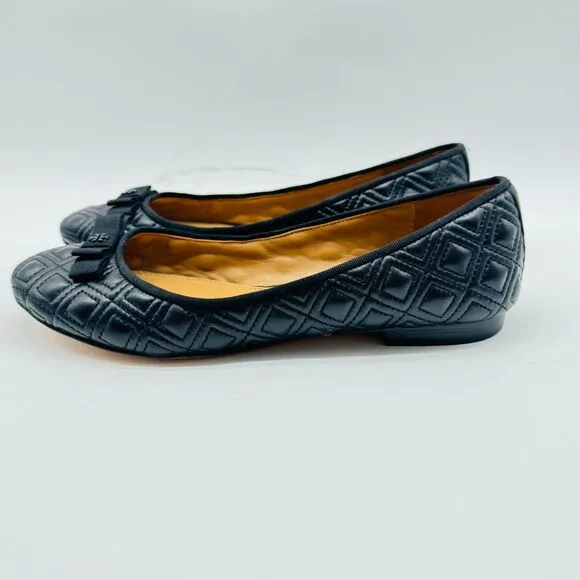 Tory Burch Shoes 6.5 Black Leather Ballet Flats Marion Quilted Bow Slip On Logo