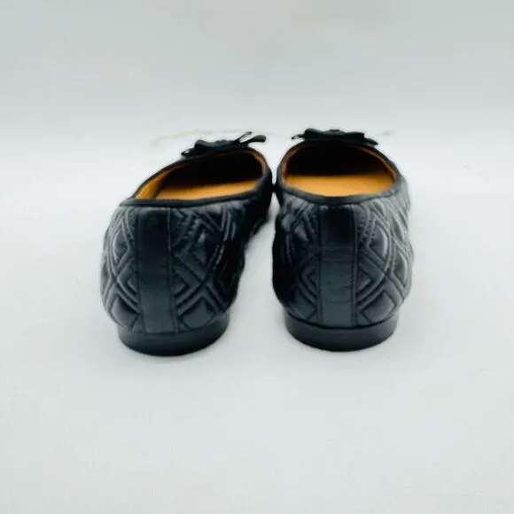 Tory Burch Shoes 6.5 Black Leather Ballet Flats Marion Quilted Bow Slip On Logo