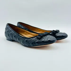 Tory Burch Shoes 6.5 Black Leather Ballet Flats Marion Quilted Bow Slip On Logo