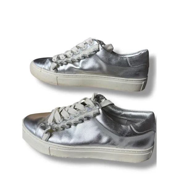 Tory Burch Sport Leather Sneakers Silver Metallic Ruffle Lace Up Women's Size 7M