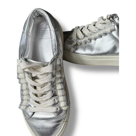 Tory Burch Sport Leather Sneakers Silver Metallic Ruffle Lace Up Women's Size 7M