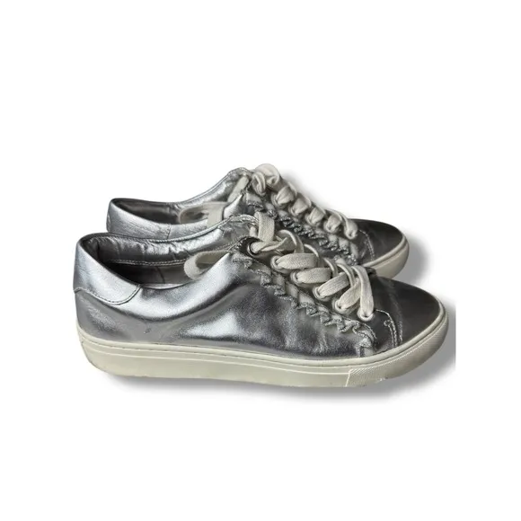 Tory Burch Sport Leather Sneakers Silver Metallic Ruffle Lace Up Women's Size 7M