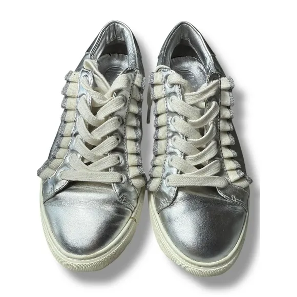 Tory Burch Sport Leather Sneakers Silver Metallic Ruffle Lace Up Women's Size 7M