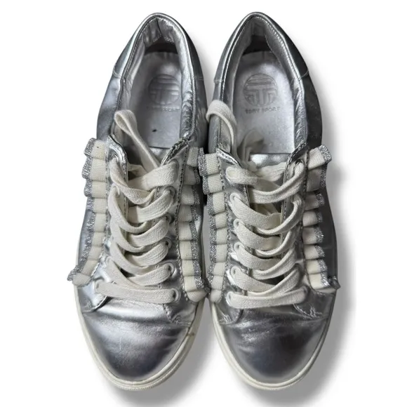 Tory Burch Sport Leather Sneakers Silver Metallic Ruffle Lace Up Women's Size 7M