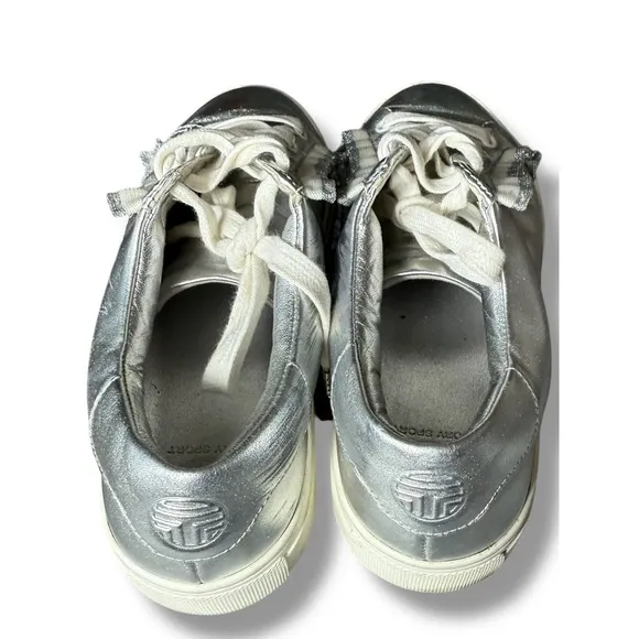 Tory Burch Sport Leather Sneakers Silver Metallic Ruffle Lace Up Women's Size 7M