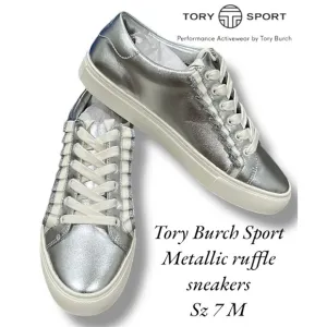 Tory Burch Sport Leather Sneakers Silver Metallic Ruffle Lace Up Women's Size 7M