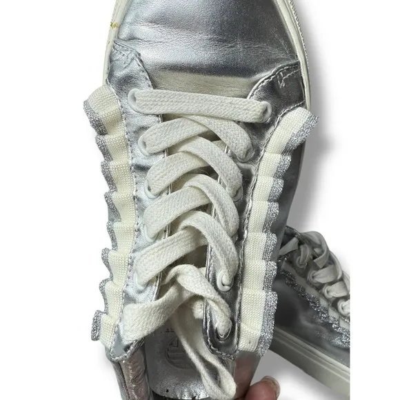 Tory Burch Sport Leather Sneakers Silver Metallic Ruffle Lace Up Women's Size 7M