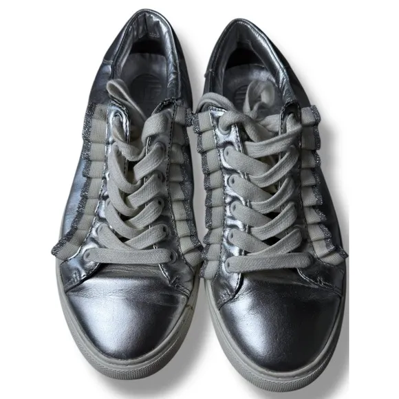 Tory Burch Sport Leather Sneakers Silver Metallic Ruffle Lace Up Women's Size 7M
