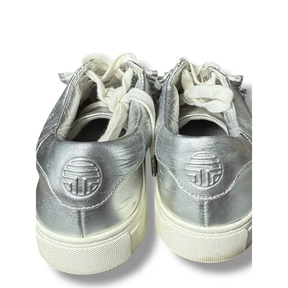 Tory Burch Sport Leather Sneakers Silver Metallic Ruffle Lace Up Women's Size 7M
