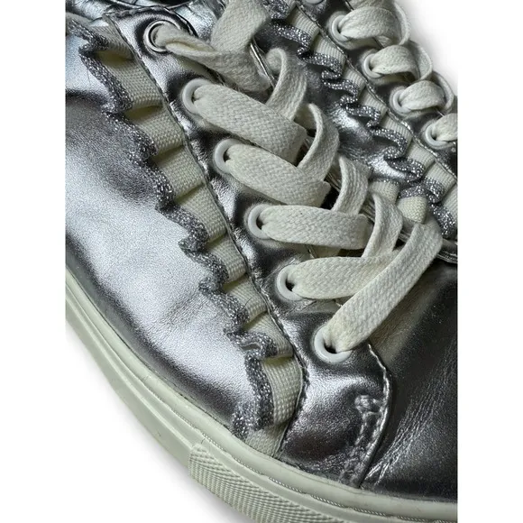 Tory Burch Sport Leather Sneakers Silver Metallic Ruffle Lace Up Women's Size 7M