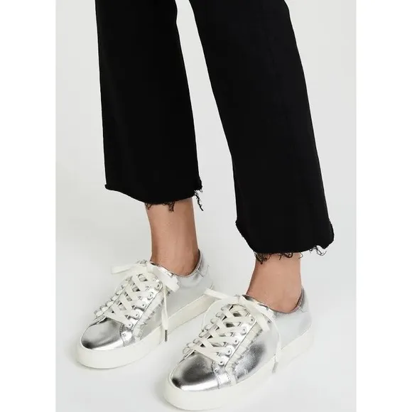 Tory Burch Sport Leather Sneakers Silver Metallic Ruffle Lace Up Women's Size 7M