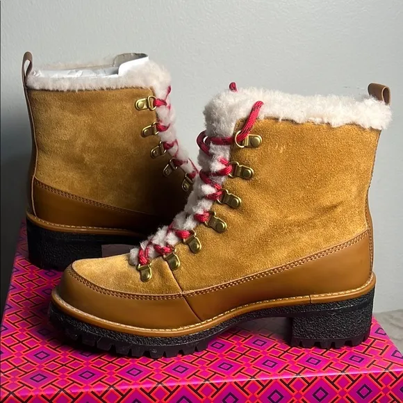 TORY BURCH thea shearling boots size6 color/rhum natural 202 rubberized leather