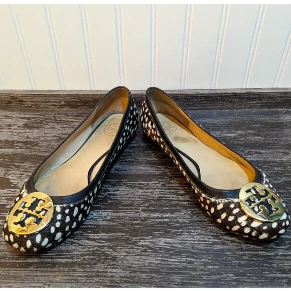Tory Burch Women's Dark Brown/Black/White Calf Hair with Gold Accents Size 8 M