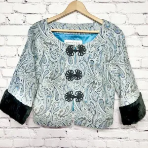 Trina Turk Los Angeles Palm Springs Paisley Peacock Fur Cuff Jacket Sz 10