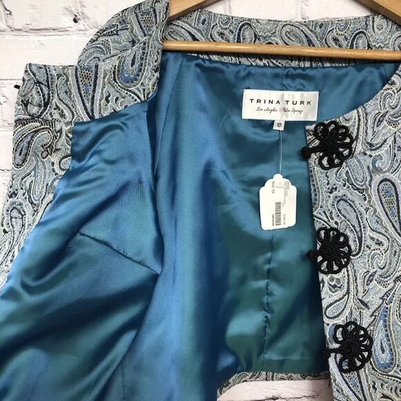 Trina Turk Los Angeles Palm Springs Paisley Peacock Fur Cuff Jacket Sz 10