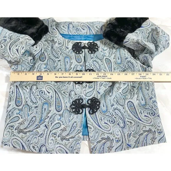 Trina Turk Los Angeles Palm Springs Paisley Peacock Fur Cuff Jacket Sz 10
