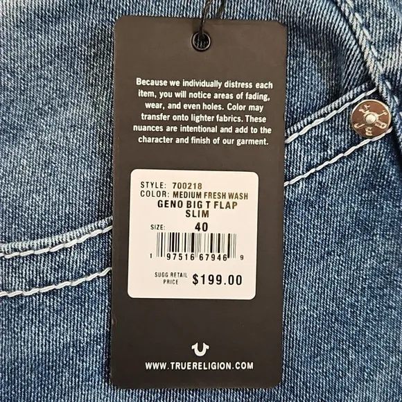 True Religion Geno Men's Size 40x32 Relaxed Slim Big Flap Medium Heavenly Wash