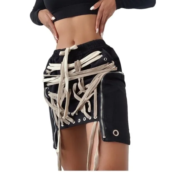 Two TWIN STYLE LACED TIED ROPE DESIGN MINI SKIRT Grunge Goth style Sz XL