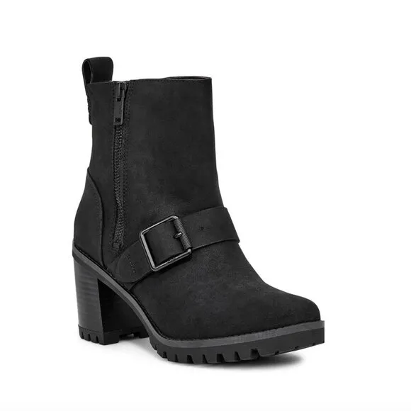 UGG Australia Fern Moto Boots Women's Black Nubuck Leather Waterproof Size 10