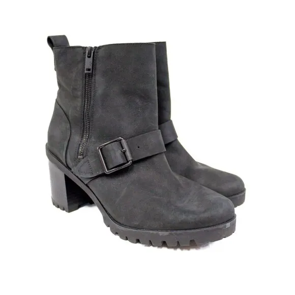 UGG Australia Fern Moto Boots Women's Black Nubuck Leather Waterproof Size 10