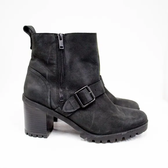 UGG Australia Fern Moto Boots Women's Black Nubuck Leather Waterproof Size 10