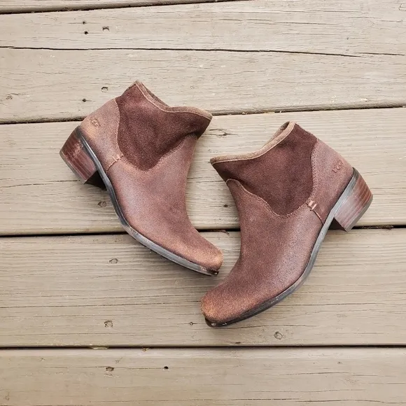 Ugg Australia Penelope Brown Suede Leather Western Cowgirl Ankle Boots Booties 4