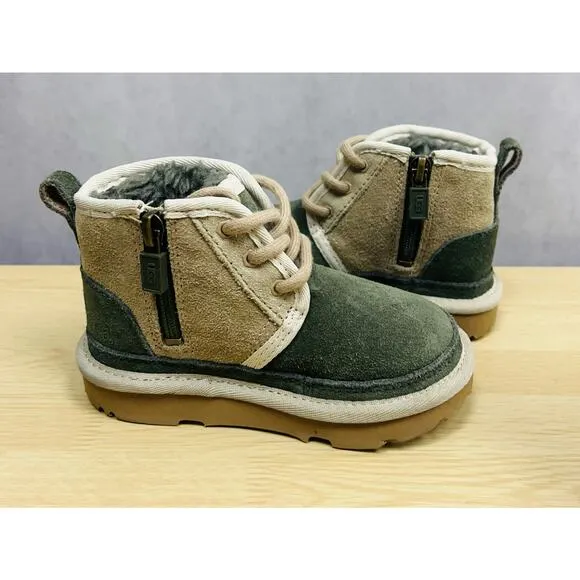 UGG Baby's Suede Chukka Boots Suede Colorblock Sheepskin Fur Tan Green Zip Sz 8