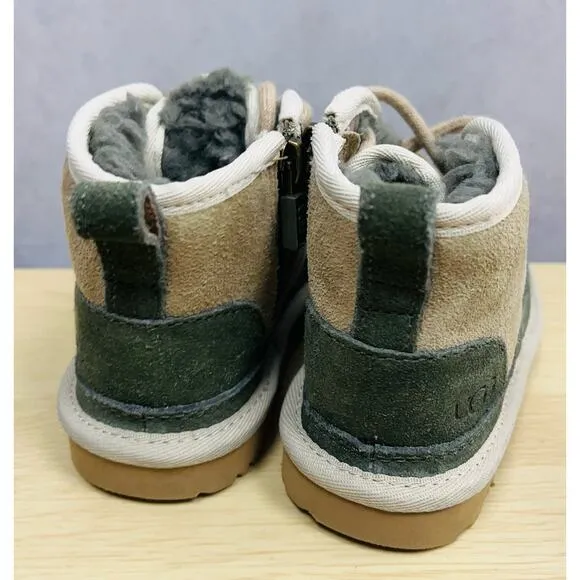 UGG Baby's Suede Chukka Boots Suede Colorblock Sheepskin Fur Tan Green Zip Sz 8