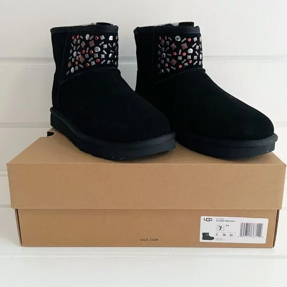 Ugg Classic Genuine Sheepskin Mini II Black Leather Boots With Studs New Size 7