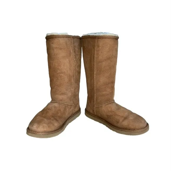 UGG Classic Tall Genuine Suede Leather &amp; Shearling Chestnut Pull-On Boots