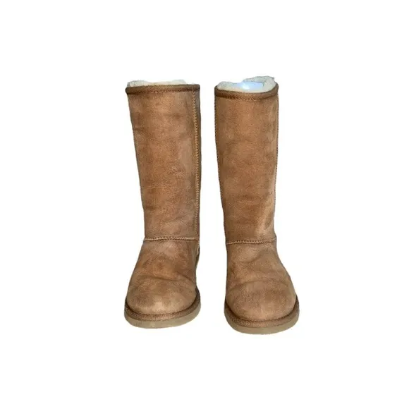 UGG Classic Tall Genuine Suede Leather &amp; Shearling Chestnut Pull-On Boots