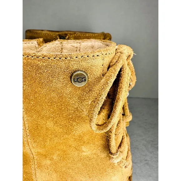 UGG Corinne Suede Ankle Boots Lace Up Heel Tan Brown Leather Size 8 EUC