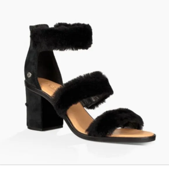 Ugg Del Rey Fluff Heels Sandals Ankle Strap Size 7.5 Black