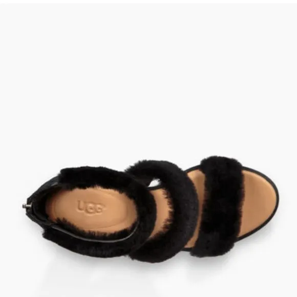 Ugg Del Rey Fluff Heels Sandals Ankle Strap Size 7.5 Black