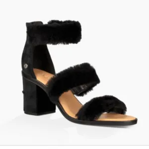 Ugg Del Rey Fluff Heels Sandals Ankle Strap Size 7.5 Black
