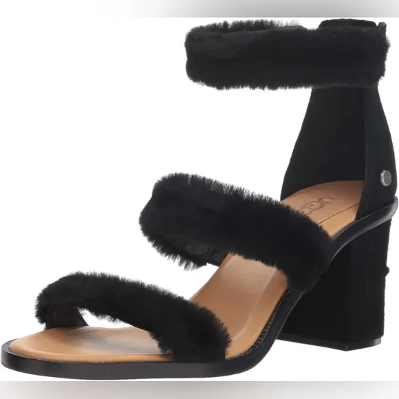 Ugg Del Rey Fluff Heels Sandals Ankle Strap Size 7.5 Black