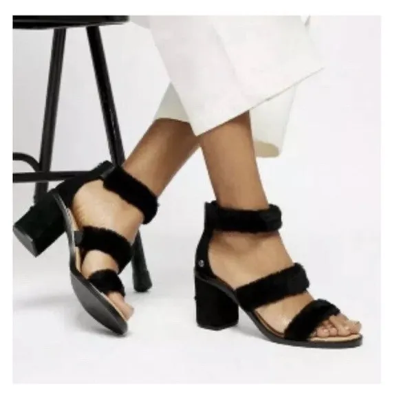 Ugg Del Rey Fluff Heels Sandals Ankle Strap Size 7.5 Black