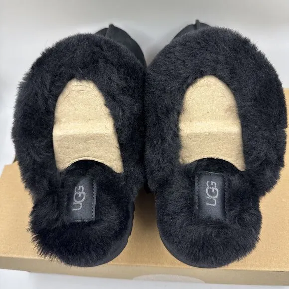 UGG Disquette Black Suede Fur Cuff Slide Platform Slipper Shoes Size 7 Women New