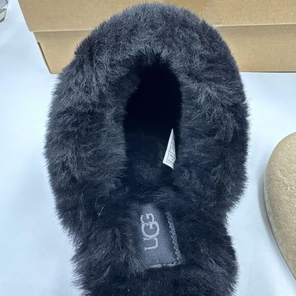 UGG Disquette Black Suede Fur Cuff Slide Platform Slipper Shoes Size 7 Women New