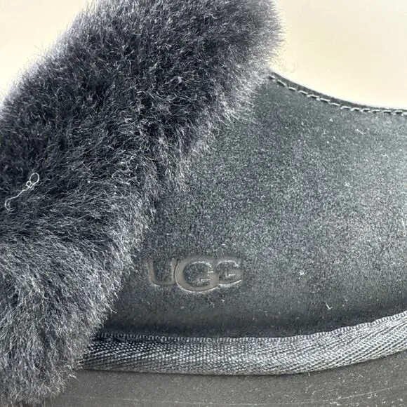 UGG Disquette Black Suede Fur Cuff Slide Platform Slipper Shoes Size 7 Women New