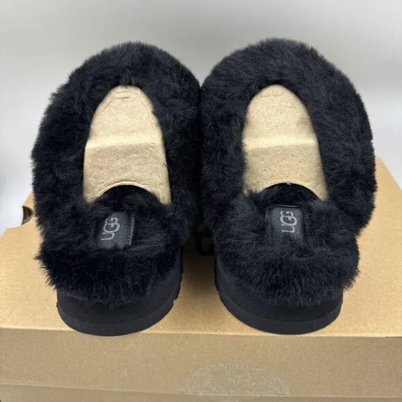 UGG Disquette Black Suede Fur Cuff Slide Platform Slipper Shoes Size 7 Women New