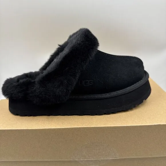 UGG Disquette Black Suede Fur Cuff Slide Platform Slipper Shoes Size 7 Women New