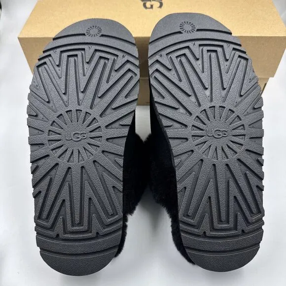 UGG Disquette Black Suede Fur Cuff Slide Platform Slipper Shoes Size 7 Women New