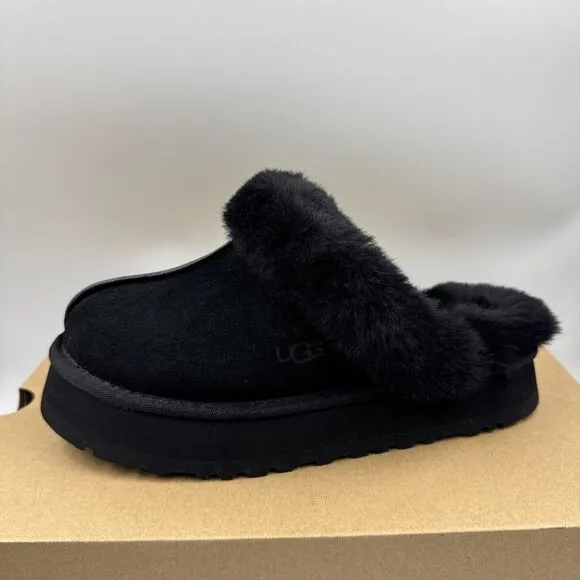 UGG Disquette Black Suede Fur Cuff Slide Platform Slipper Shoes Size 7 Women New