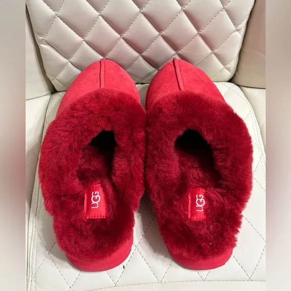 UGG DISQUETTE RED SUEDE FUR SLIDE PLATFORM SLIPPER SHOES SIZE 7